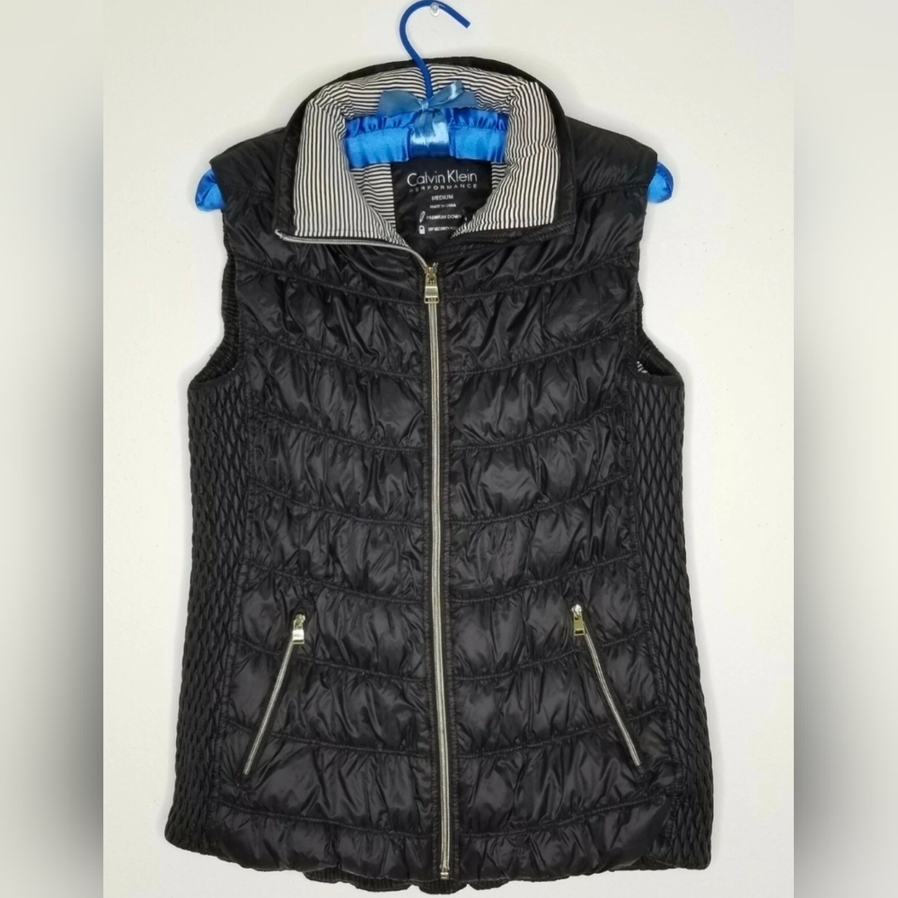 Calvin Klein Womens Performance Premium Down Puffer Vest Metallic Zip Black Sz M
